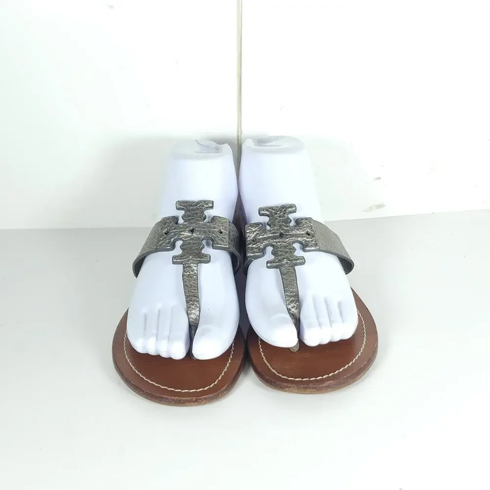 Tory Burch Women's Moore US 7M Metalic Pewter Leather SlipOn Flat Thong Sandals